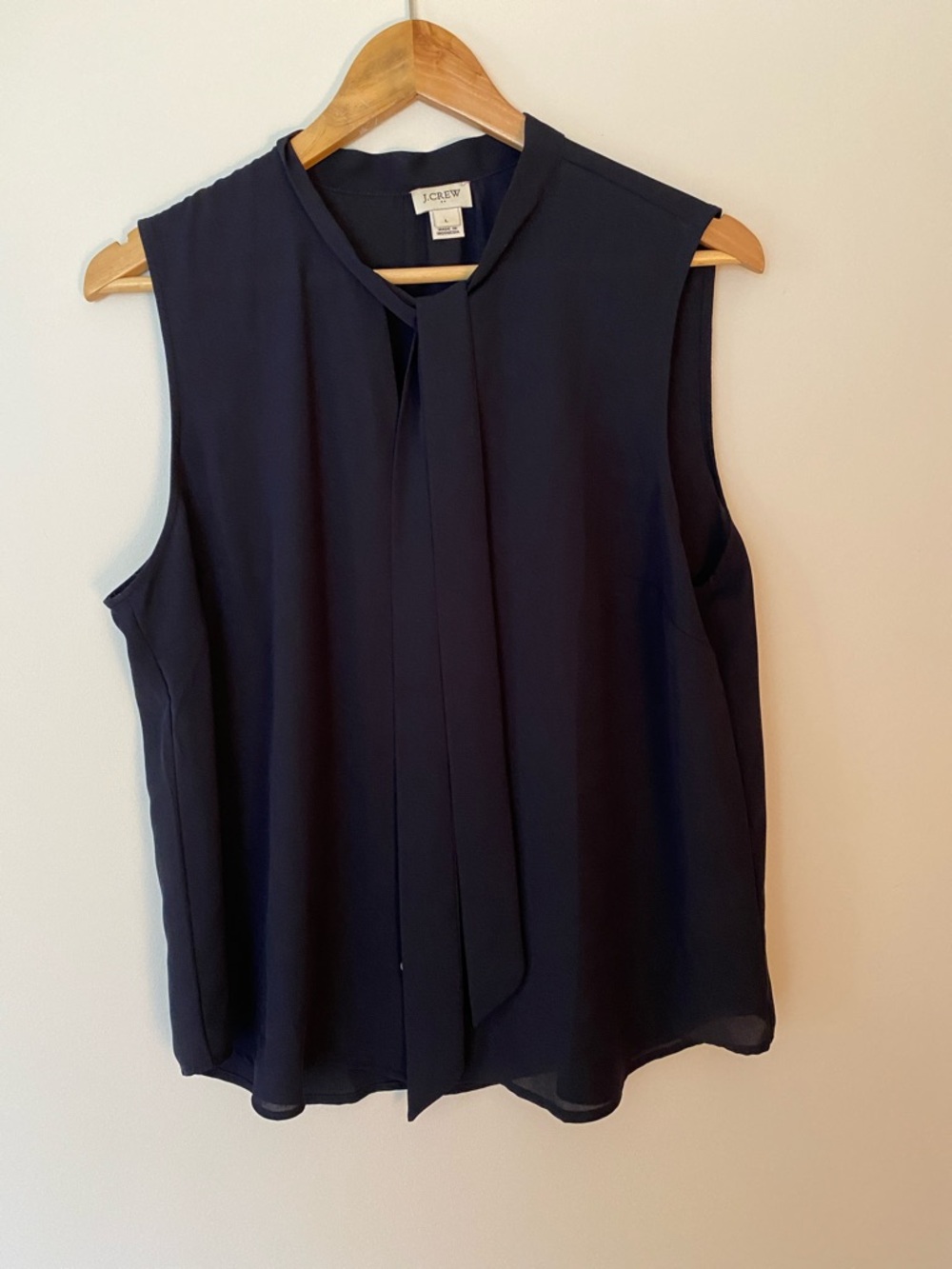 J. Crew Navy Sleeveless Tie-Neck blouse.  Buttons. Size L!  Excellent Condition!
